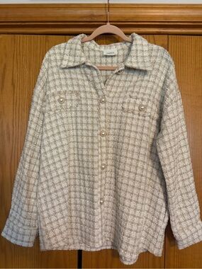 ANDREE BY UNIT Cream Plaid Teddy Jacket with Pearl Buttons